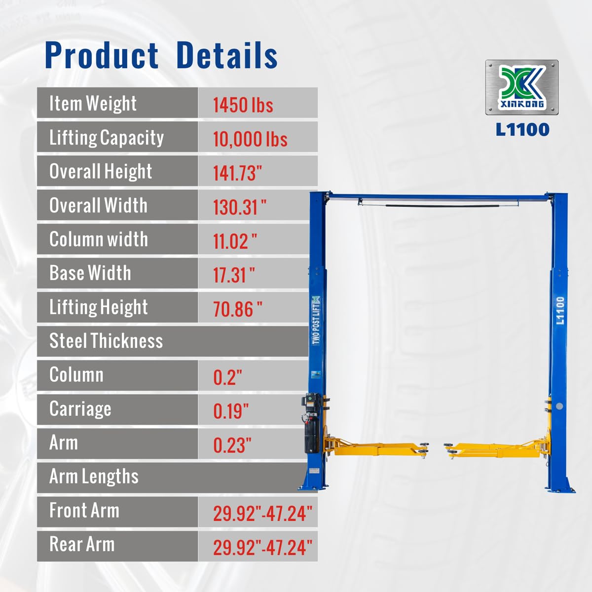 XK L1000 2-Post Car Lift – 10,000 lbs / 4,536 kg Capacity, 220V Auto Hydraulic Truck Hoist with 3-Year Parts Warranty - Image 30