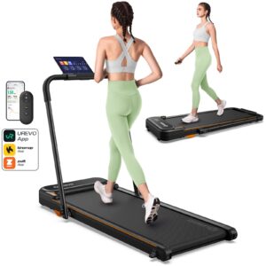 UREVO Smart 2-in-1 Folding Treadmill – 1–10 km/h, 120 kg Capacity, Safety Handle & Dual LED Displays, Remote & App Control, Compact 130×57×12 cm
